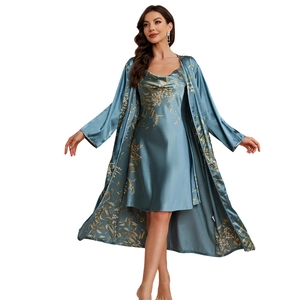 Elegant grey-blue satin floral nightgown and robe two-piece pajama set for women