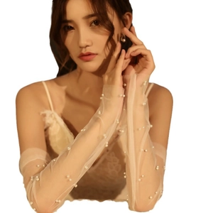 Elegant long white bridal tulle gloves with delicate pearls for wedding dress styling