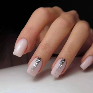 Pink Gradient Square Press On Nails Chic Ins Style Silver Glitter Stripe Rhinestone Fake Nails Manicure For Women