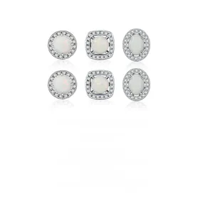 S925 silver stud earrings set featuring opal-style gems in round, square, and oval shapes