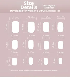 Detailed size chart for pink glitter press-on nails with 12 sizes and dimensions