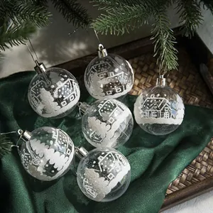 Lot de 6 boules de Noël de 6cm avec décorations de neige blanche sur velours vert