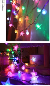 Detail of multicolor star and ball LED solar string lights on a ladder and table