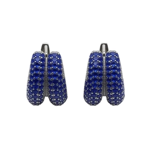 Vintage style U-shaped silver earrings with double row blue zircon pavé setting