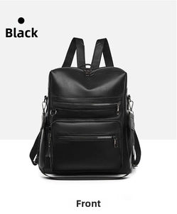 Close-up of black pebble faux leather backpack with multiple zipper pockets and straps