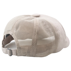 Detail of breathable mesh panel and adjustable metal buckle on summer newsboy cap