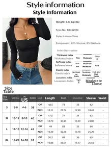 Detailed size chart for Y2K long sleeve slim fit top with fabric and elasticity specifications
