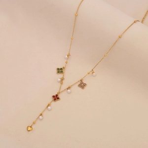 Elegant gold Y-shaped necklace with colorful enamel clover and pearl pendants