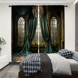 Close-up of 3D gothic architecture curtains with velvet drapes and golden pillars