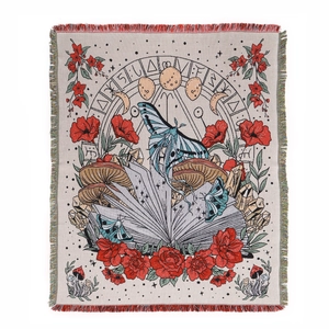 Bohemian butterfly woven camping blanket with mystic floral moths and moon phase pattern