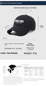 Size chart for cotton baseball cap showing 56-60cm circumference and 8cm brim details