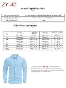 Detailed size chart and fabric specifications for men's linen short sleeve casual shirt