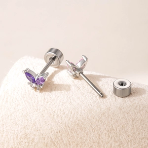 Zircon butterfly screw-back studs in pink and purple finishes for cartilage piercing