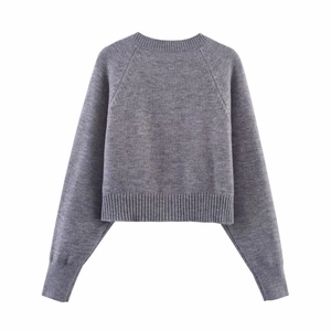 Minimalist short knit cardigan in dark grey with ribbed crew neck and raglan sleeves
