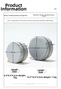 Detailed size chart for portable velvet jewelry boxes with small and large dimensions