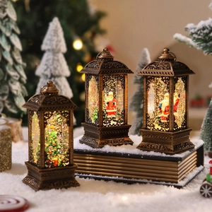 Close-up of vintage bronze Christmas lanterns with glowing warm lights and Santa figurines