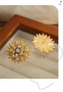 Macro view of gold sunflower stud earrings with textured petals and center crystals