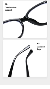 Detail of vintage cat-eye glasses showing comfortable nose pads and anti-skid leg tips