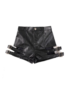 Pantaloncini sexy in finta pelle nera a vita alta con stringhe laterali e fibbie metalliche