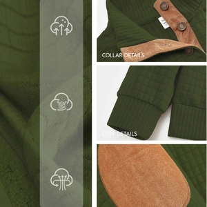 Men's dark green quilted sweatshirt with brown contrast elbow patches and stand collar