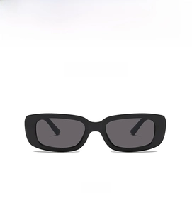 Front view of black rectangular kids' sunglasses with grey lenses and retro design