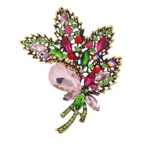 Vintage floral crystal brooch with multicolor rhinestones in antique gold finish