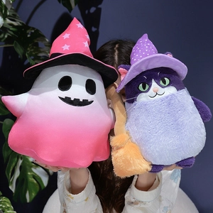 Plush Halloween ghost and wizard cat soft dolls held in hands for festive gifting