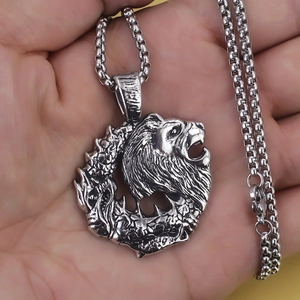 Collana con pendente testa di leone in acciaio inossidabile argento da uomo hip hop