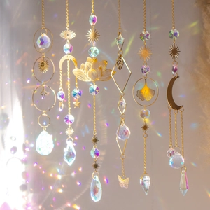 Lotus Moon Sun Suncatcher Crystal Prism Rainbow Maker Hanging Decoration Brass Metal Ornament For Garden Window Home