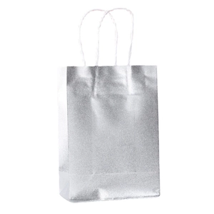 Glossy silver gift bag with white rope handles on a clean white background