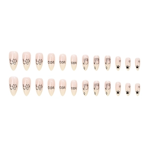 24pcs long almond press-on nails with cute doodle cat design in gradient pink