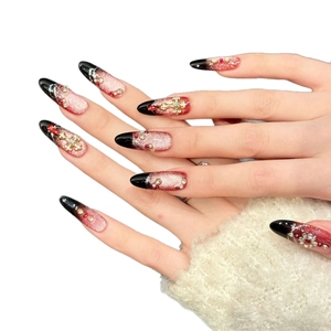 Luxury long stiletto press-on nails with red gradient and golden cross jewels