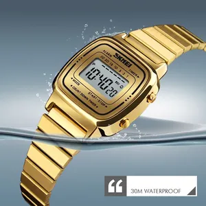 Retro gold square digital watch with stainless steel strap and 30m waterproof feature