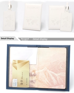Detailed view of white PU leather passport cover and luggage tag with world map embossing