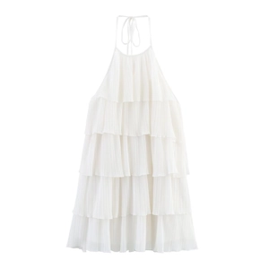 Robe Mini À Dos Nu Étagée Pour Femmes Mousseline Plissée Sans Manches Élégante Soirée Dos Nu Blanc