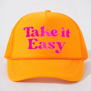 Casquette trucker orange vif avec imprimé rose Take it Easy et cordon décoratif