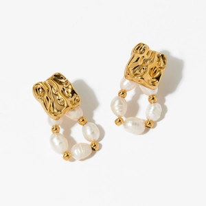 Irregular golden lava metal stud earrings with dangling natural baroque pearl circles