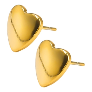 Minimalist 18K gold-plated stainless steel heart stud earrings for women on white background