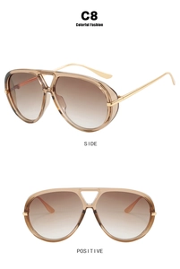 Dual view of oversized aviator sunglasses featuring gold metal frames and brown gradient lenses
