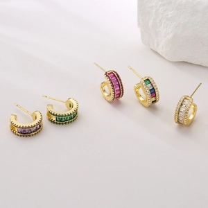 18K gold plated C-shaped earrings with colorful zircon stones in multiple vibrant colors