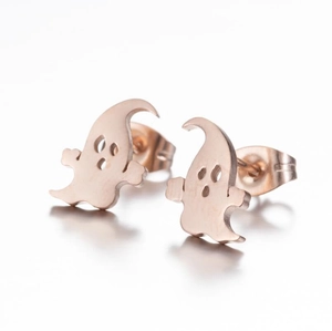 Ghost stud earrings in rose gold stainless steel for women on a white background