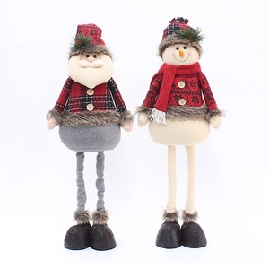Standing plush Santa and Snowman Christmas figurines with retractable long legs