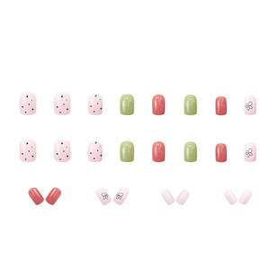 24pcs clover design short press-on nails set with pink, green and coral floral patterns