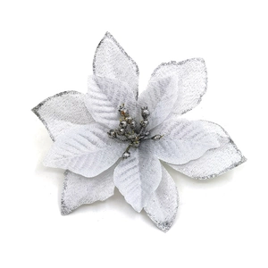 Detailed view of silver glitter artificial Christmas flower for tree and wreath decoration