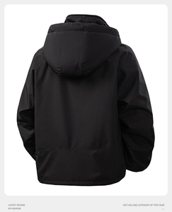 Back view of a black windproof hooded jacket showing stitching and hood details