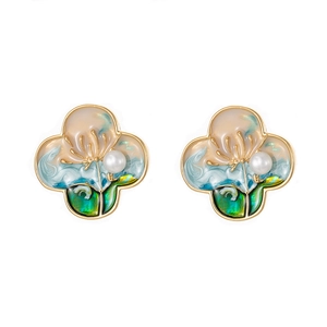 Oil painting style four-leaf clover earrings with enamel flowers and natural pearls