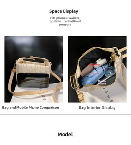 Detail view of woven straw crossbody bag interior showing space for phone and makeup