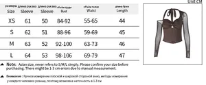 Detailed size chart for long sleeve twist front top with measurements in centimeters