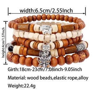 Detailed product size chart showing wood bead bracelet dimensions with multi-layer texture