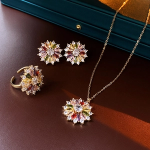 Detailed view of gold-plated flower jewelry set with vibrant zircon stones in a gift box